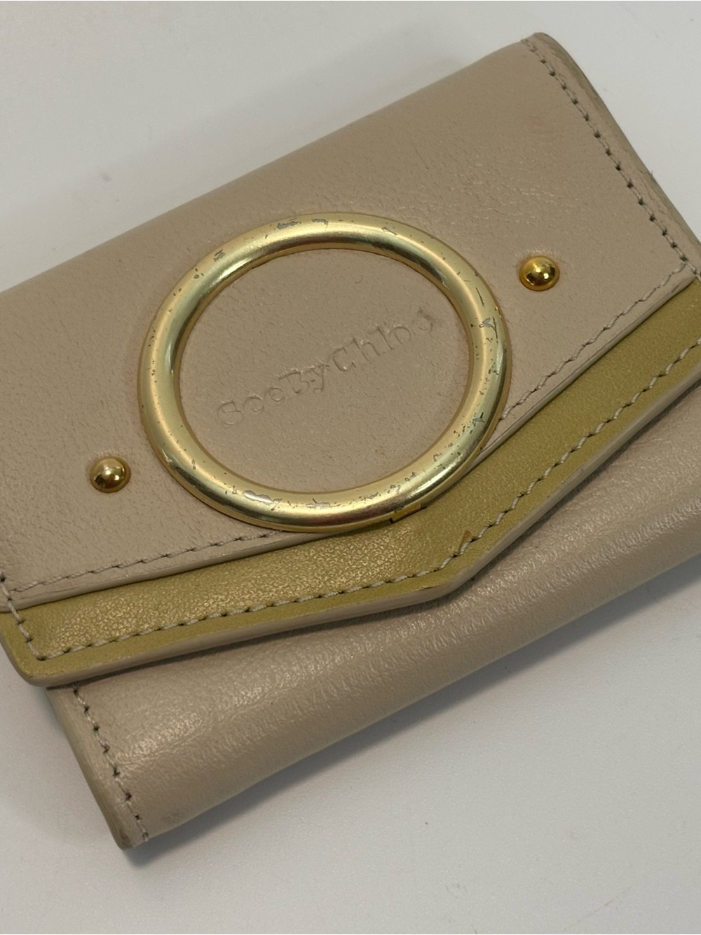 Chloe (See By) ($259) Aura Compact Trifold Cream/Beige Leather Wallet AUTHENTIC